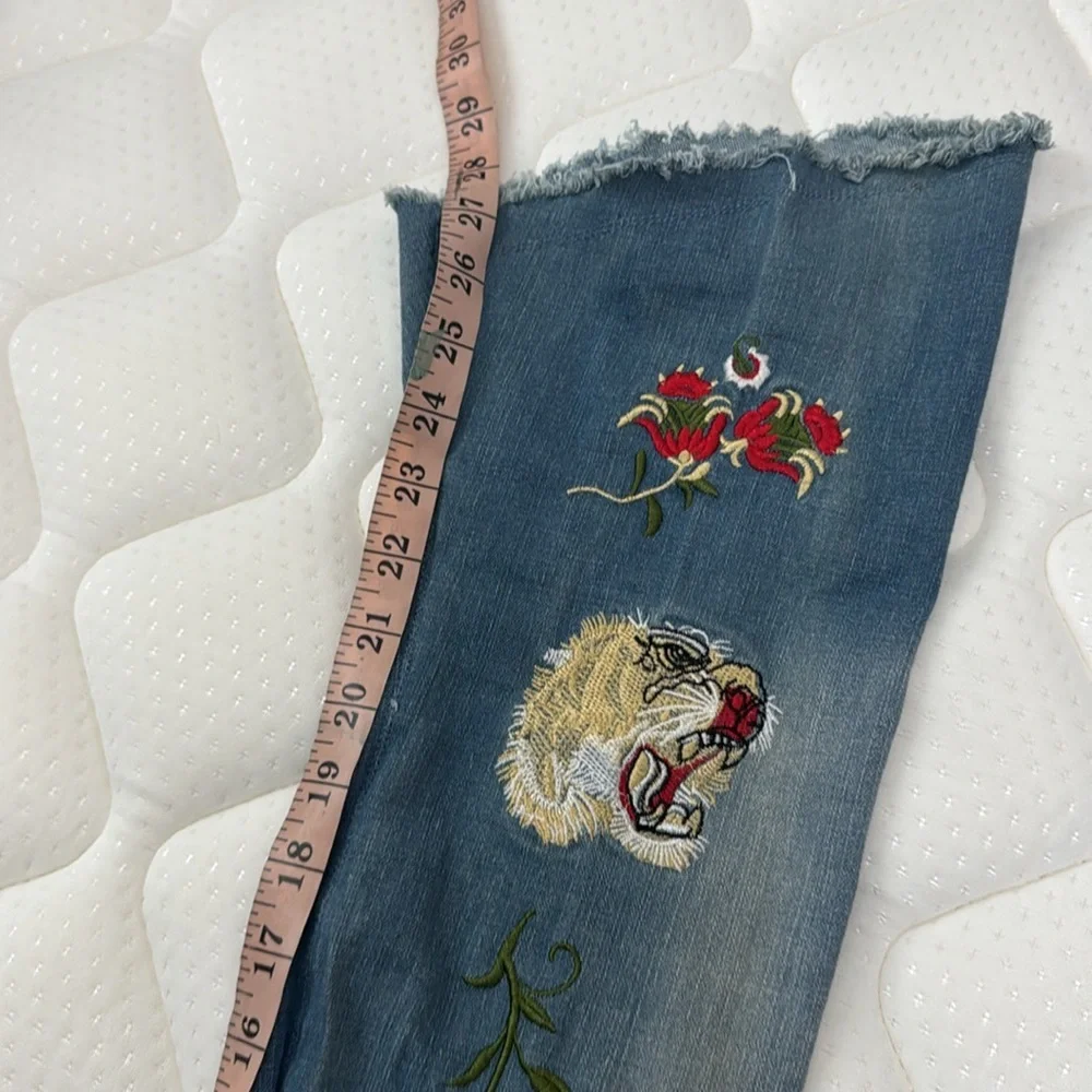 Toriana Blue Denim Like Club Embroidered Tiger Rose Over the Knee Boots- Size 8